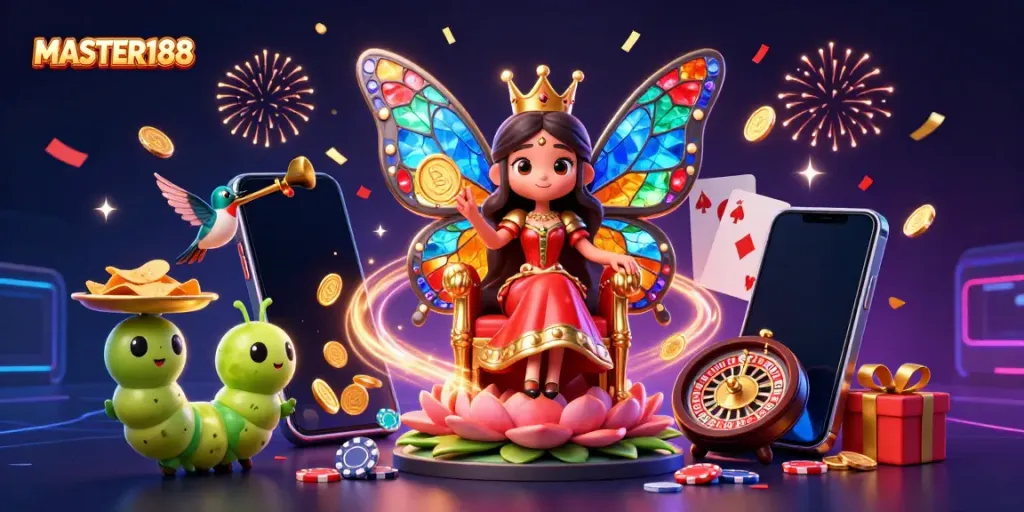 Engage in thrilling slots with MASTER188, featuring vibrant 3D characters and slot game elements