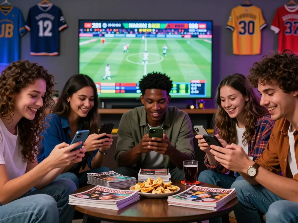 Exciting sports betting scene with friends engaged in NET88, placing bets on mobile devices in a lively environment.