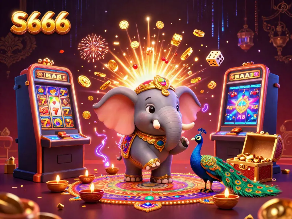 S666 slot machine featuring a vibrant 3D elephant and peacock amidst dazzling casino elements.