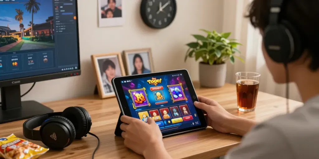 Pengguna memainkan ratutogel di tablet di ruang tamu yang nyaman, menampilkan grafik permainan yang menarik.