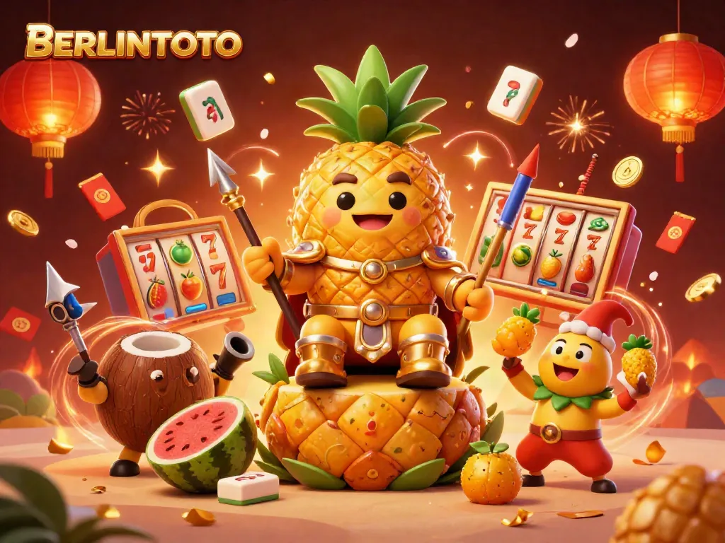 Experience the thrill of BERLINTOTO with vibrant casino characters celebrating among slot reels and festive elements.