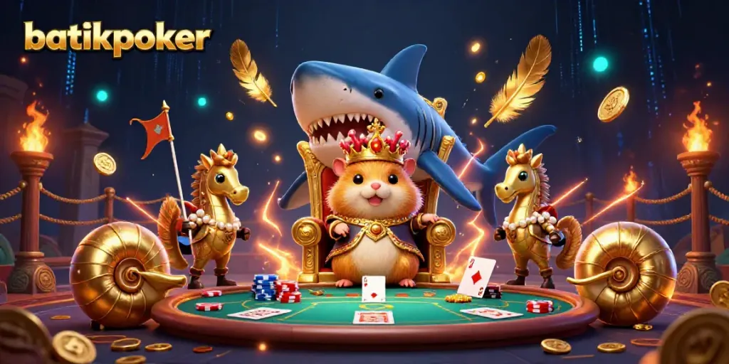 Menang poker di batikpoker: ilustrasi seni digital dengan raja hamster dan elemen kasino yang memukau.