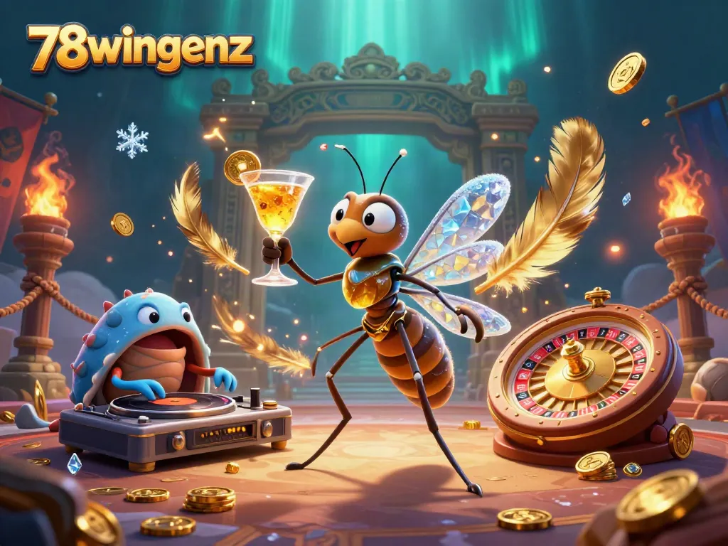 Experience thrilling casino action with 78wingenz as a mosquito mascot joins a trilobite DJ in a vibrant illustration.