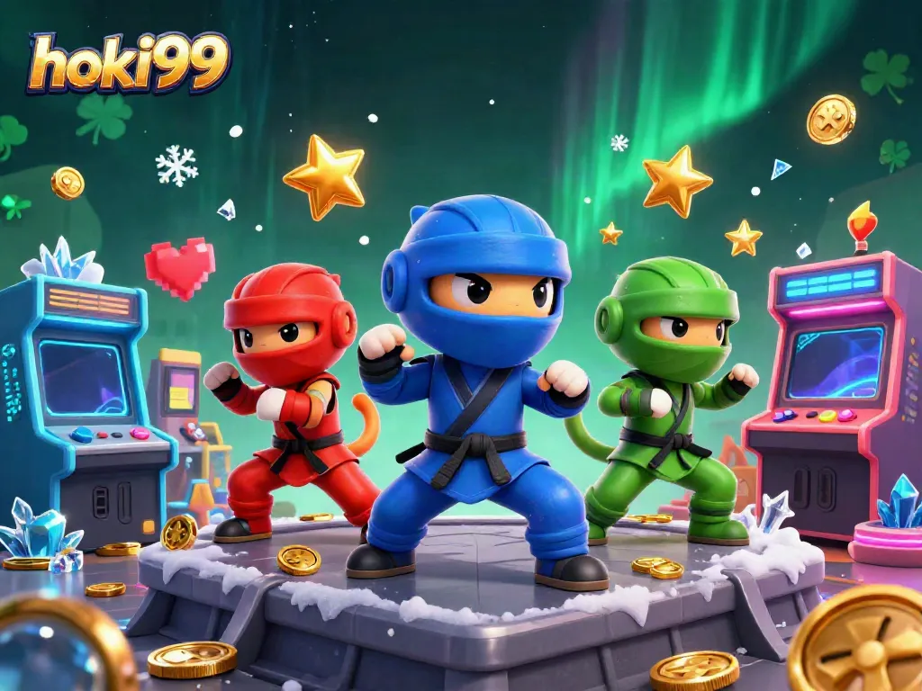 Gambarkan momen beraksi hoki99 dengan ninja chameleon dalam gaya seni 3D ceria dan menarik.
