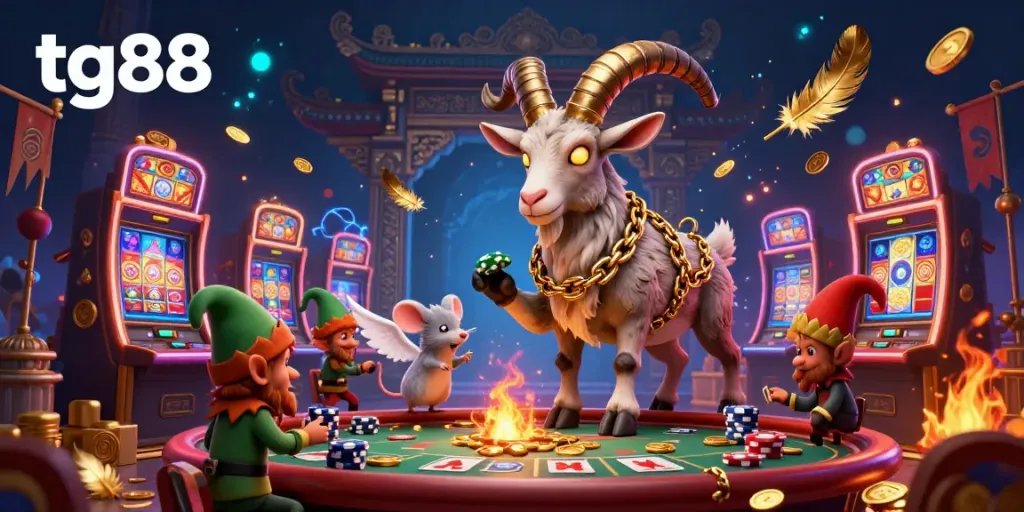 Witness the festive chaos at tg88's casino, where Krampus, an angel mouse, and mischievous gremlins celebrate a holiday-horror scene.