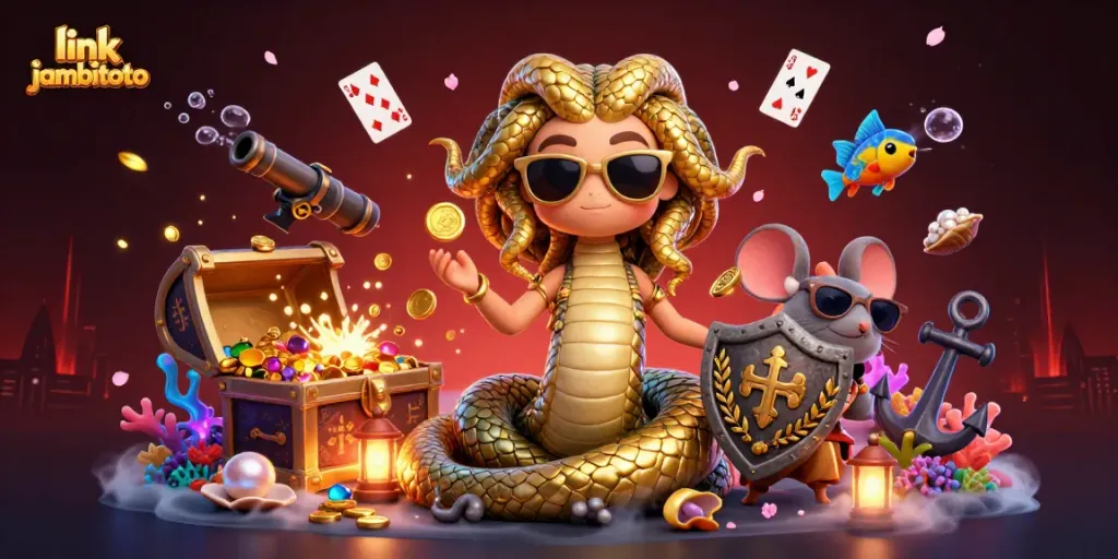 Engage with link jambitoto’s vibrant 3D casino scene featuring Medusa, treasure, and playing cards.