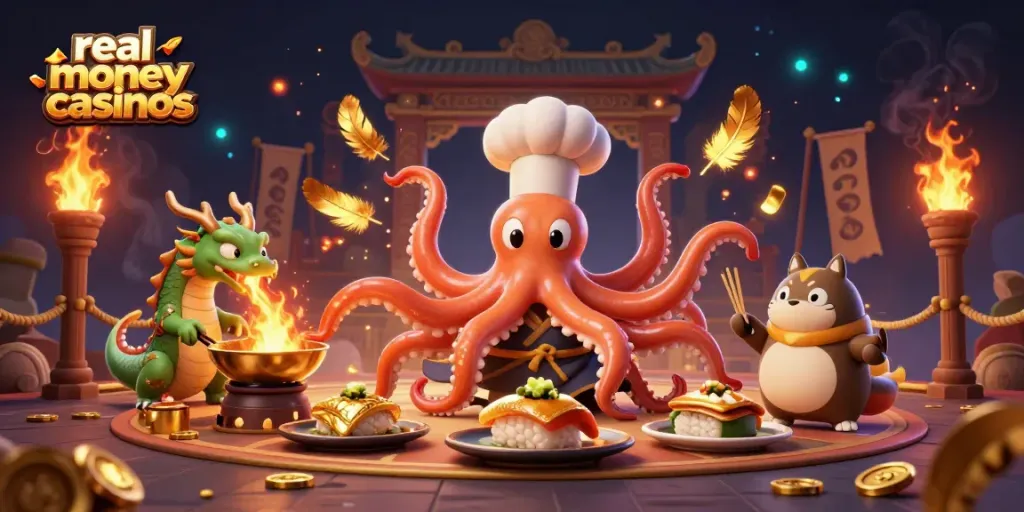 Experience real money casinos with an enchanting 3D illustration featuring a sushi chef octopus and dragon.
