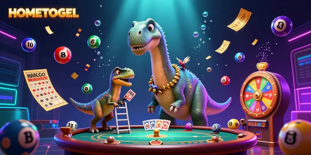 Experience the thrill of HOMETOGEL with a vibrant 3D casino scene featuring a towering brontosaurus, lively lottery elements, and dynamic energy.