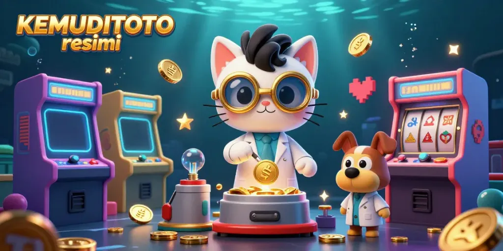 KEMUDITOTO resmi menampilkan mesin slot dan karakter kartun dalam ilustrasi kasino 3D yang menarik.
