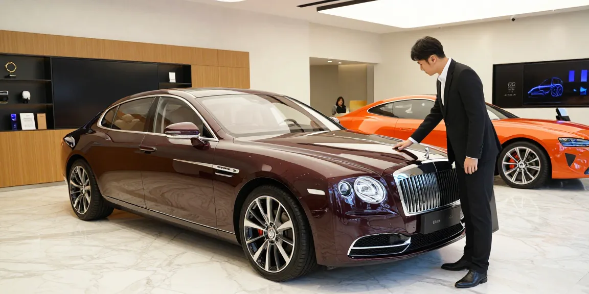 Mobil mewah LUXURY 777 dalam showroom modern dengan penerangan elegan.