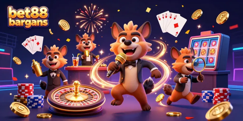 Engage with bet88 bargains at a vibrant comedy casino featuring inventive hyenas and dazzling game elements.
