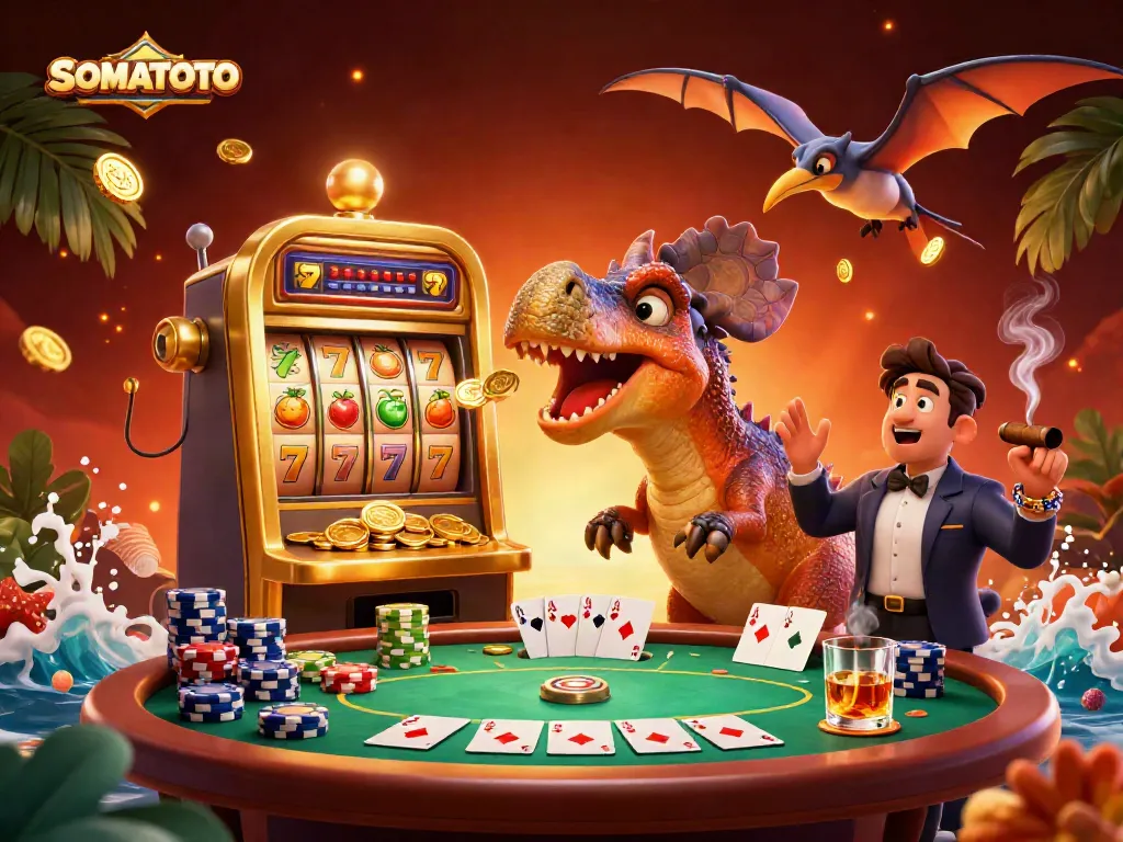 SOMATOTO engages players as cartoon characters create a jackpot frenzy in a vibrant casino scene.