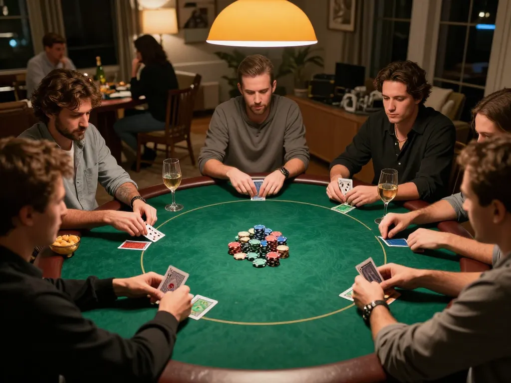 Players engaging in a thrilling poker game at lc88 home game night with cards and chips