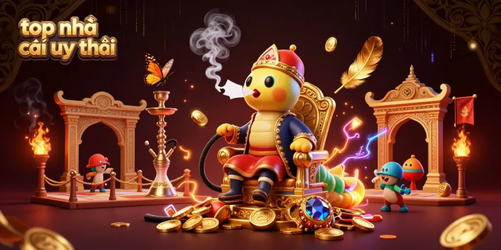 Engaging 3D illustration of top nhà cái uy tín featuring a playful caterpillar in a sultan outfit amidst golden coins and casino elements.
