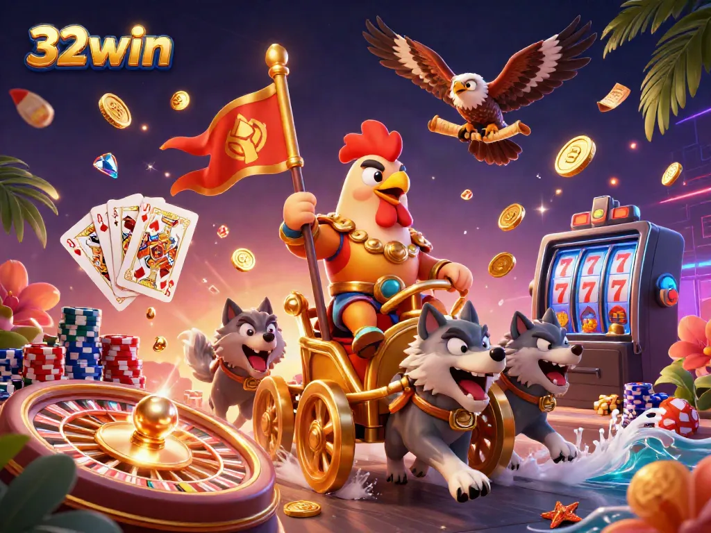Experience thrilling moments at 32win with a rooster warlord leading a vibrant casino adventure.