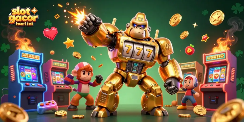 Slot gacor hari ini menghadirkan ilustrasi 3D kera emas transformasi dengan elemen judi yang menarik.