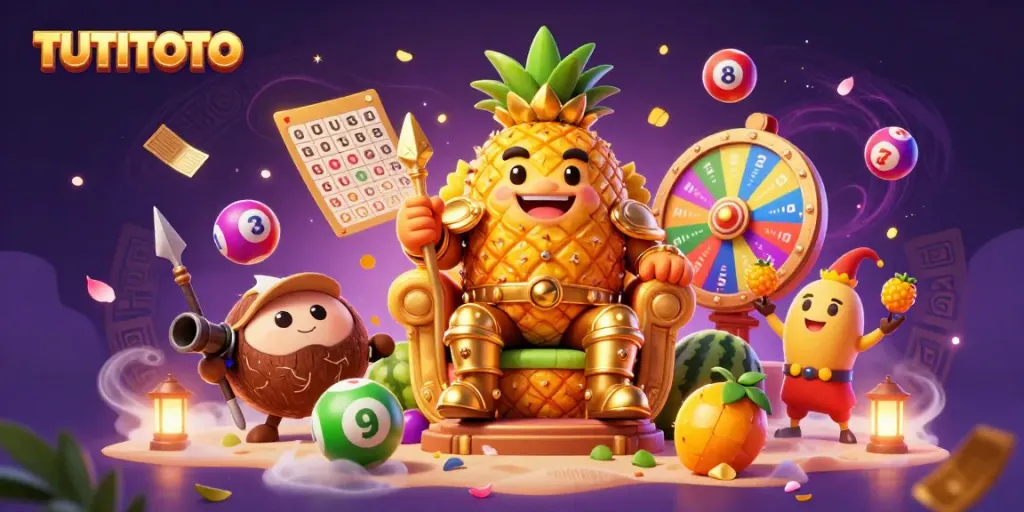 Join TUTITOTO’s vibrant casino scene with the pineapple king, coconut guards, and colorful lottery elements.