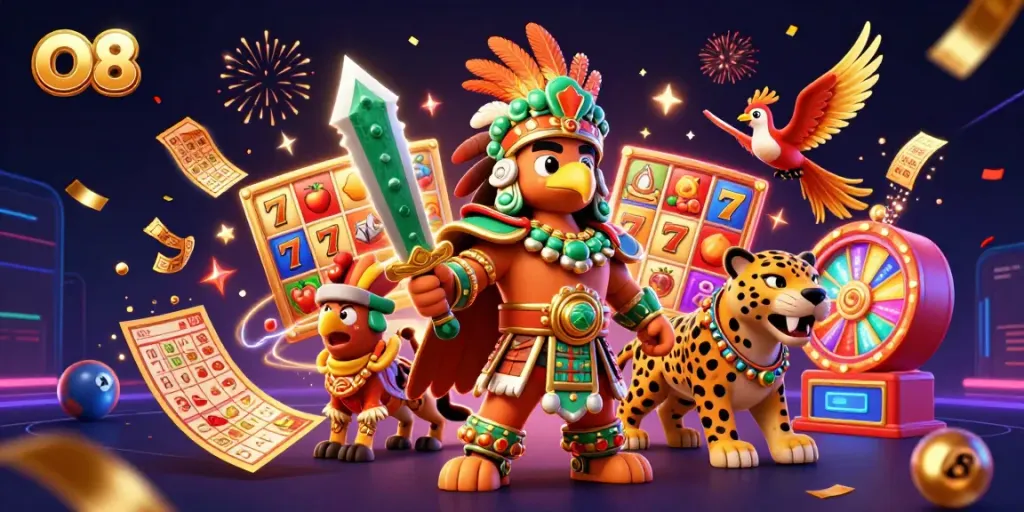 Experience the thrilling O8 online casino with vibrant slot symbols and dynamic warriors.