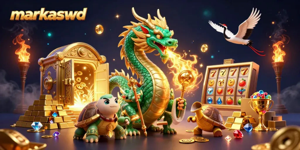 Spin the reels with markaswd as a jade dragon and turtle sage guard treasures in a vibrant casino.