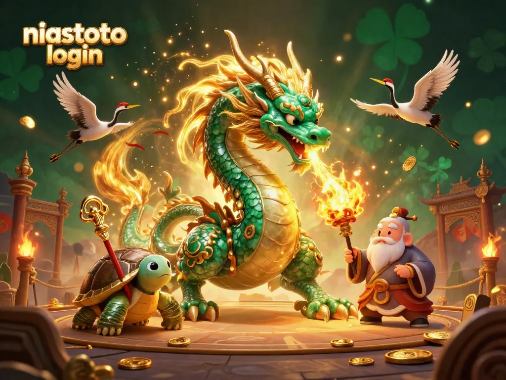 Gairahkan pengalaman niastoto login dengan ilustrasi penuh detail dari naga dan penyu bijak di arena kasino.