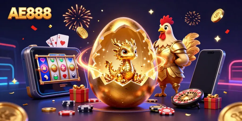 Experience AE888 with a cartoon golden dragon amidst poker chips and casino games, celebrating online gambling.