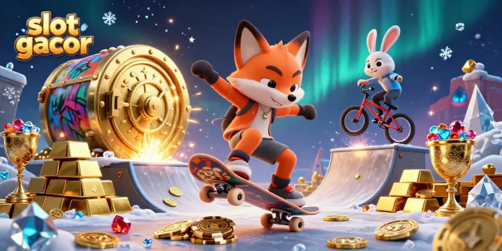 Slot gacor dengan petugas kasino kartun melakukan trik akrobat di atas koin emas, dikelilingi oleh banyak barang berharga.