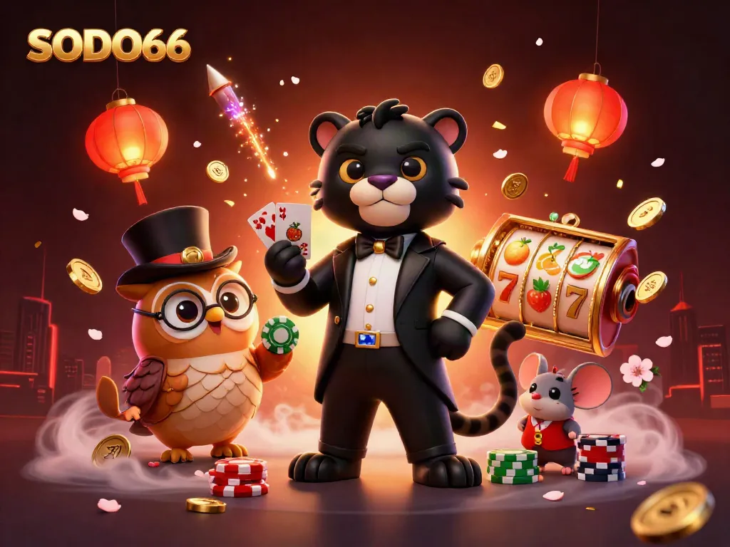 SODO66 showcases a lively scene with characters engaging in casino activities among vibrant gaming elements.