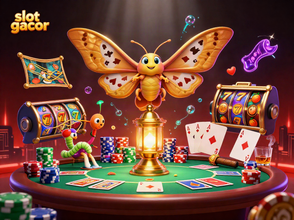 menampilkan slot gacor dengan kupu-kupu raksasa dan suasana kasino yang kaya detail
