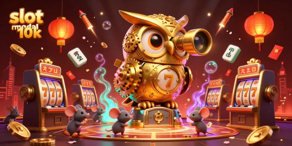 Permainan slot modal 10k dengan ilustrasi 3D berwarna-warni dan elemen kasino yang menarik.
