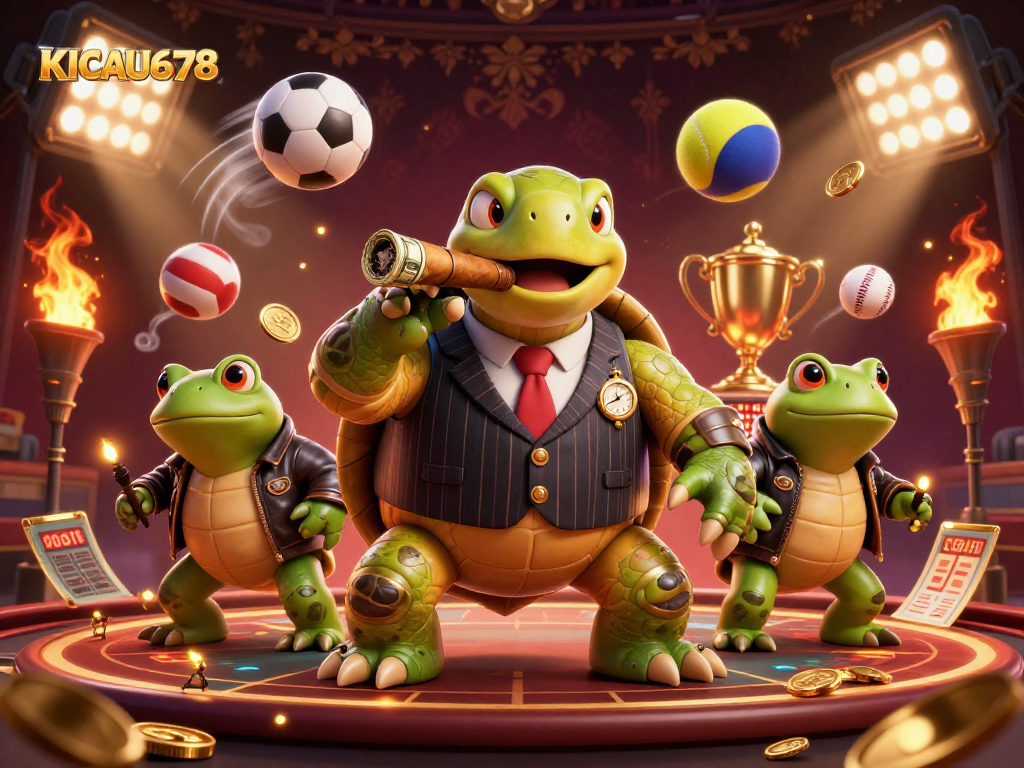 KICAU678 captivates with a vibrant scene of a turtle mobster and bullfrog enforcers amidst sports betting action.
