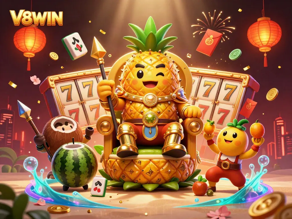 Experience the thrill of V8WIN with a vibrant 3D casino scene featuring a golden pineapple king.