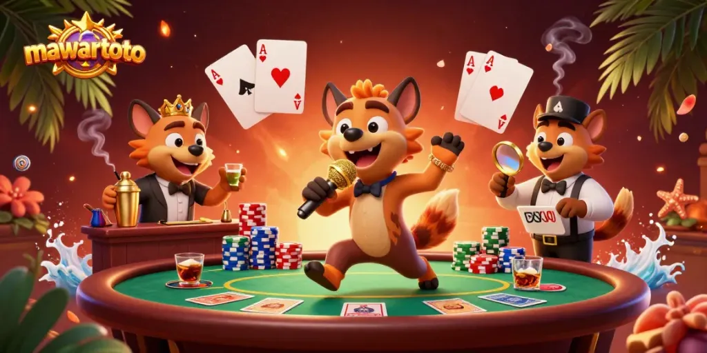 Mawartoto hyenas perform in a vibrant casino scene, showcasing comedy and gambling elements.