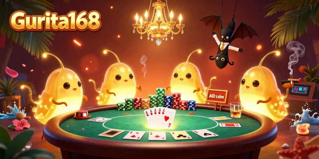 Gurita168 menyajikan suasana kasino online dengan glowworm dan dealer kelelawar dalam aksi permainan poker.