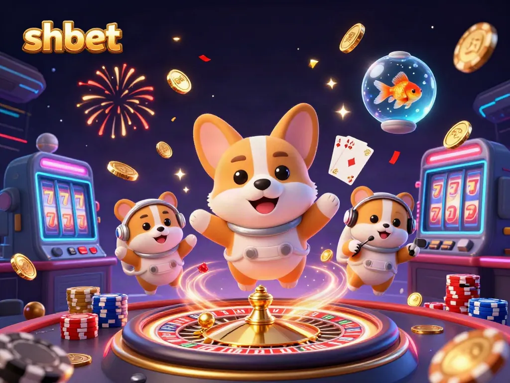 Experience thrilling gaming at shbet with a 3D scene of an astronaut corgi and casino elements