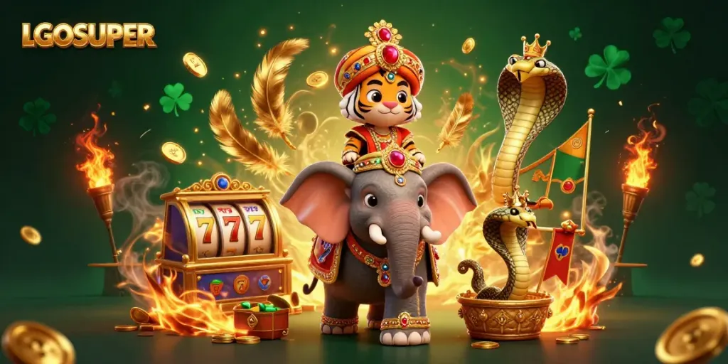 Experience thrilling wins with LGOSUPER's vibrant 3D casino illustration featuring a majestic maharaja tiger.