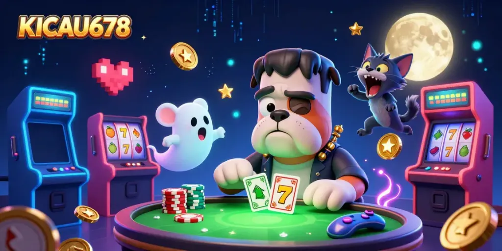 KICAU678 featuring a Frankenstein bulldog monster dealing cards at a spooky casino table.
