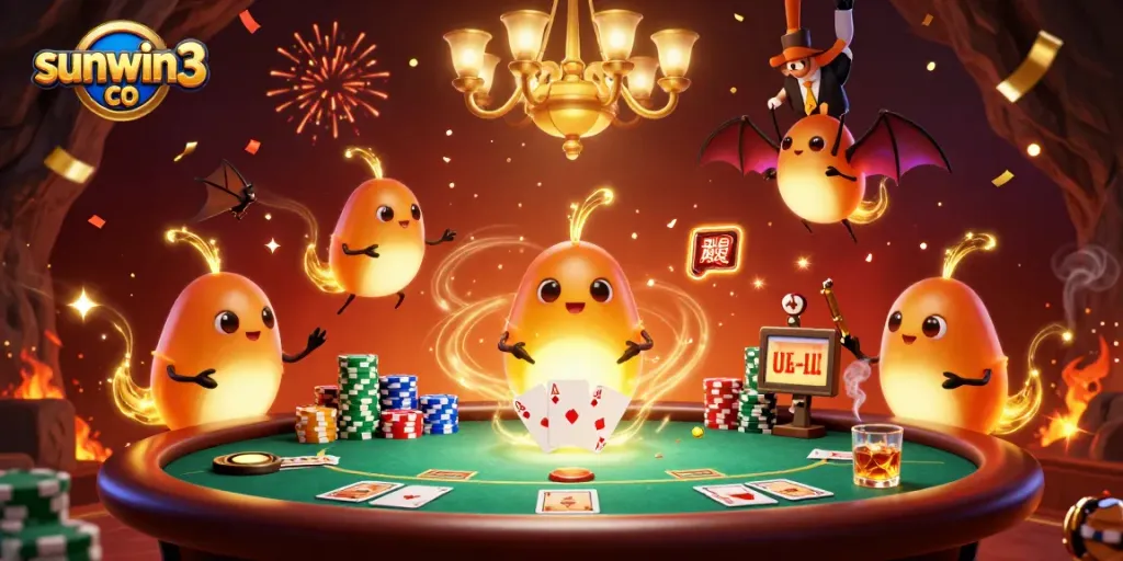 Engage with sunwin3 co's vibrant casino scene featuring glowworms, poker games, and festive decor.
