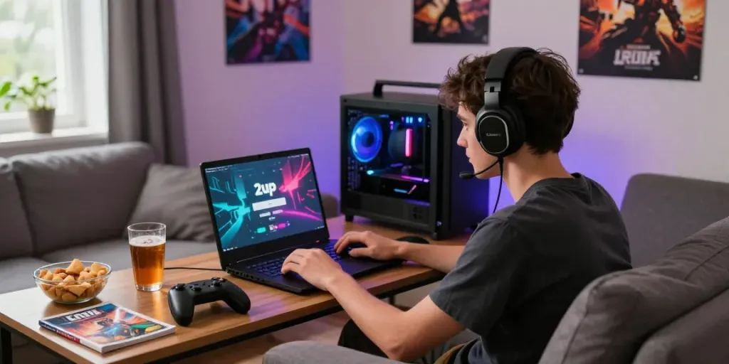 Engaging 2up login scene showing a gamer immersed in online gaming at home.