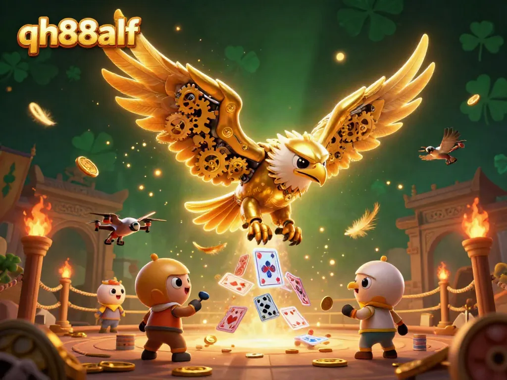 Experience gaming with qh88alf's cybernetic eagle soaring through a vibrant casino scene.