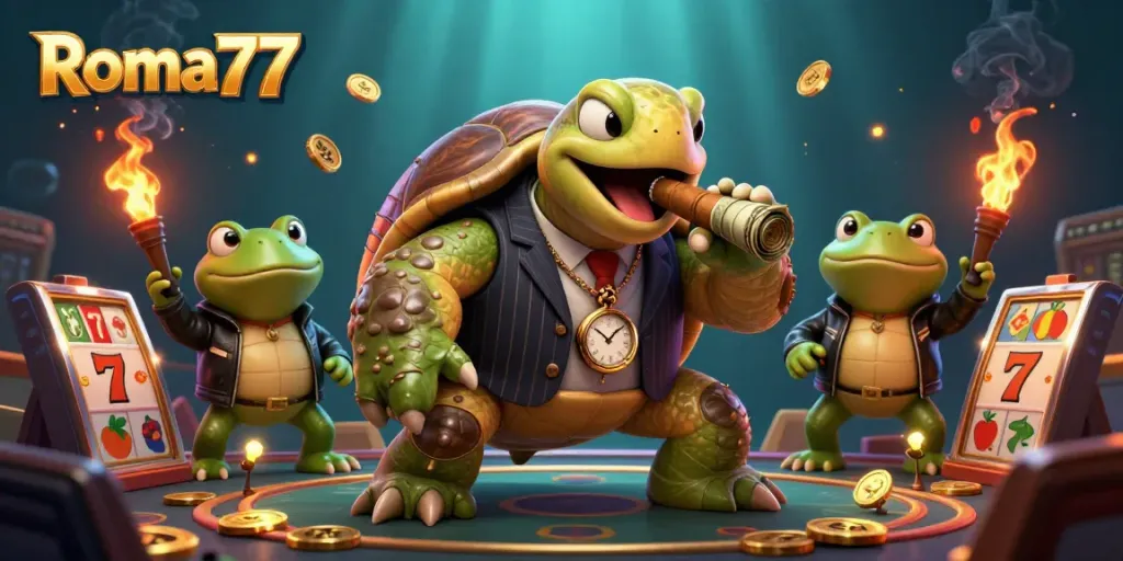 Play thrilling slots with Roma77, featuring a vibrant scene of cartoon characters and game elements.