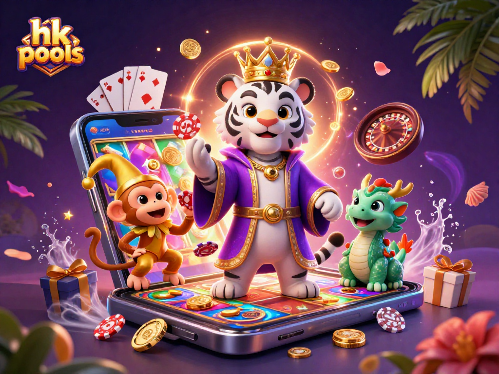 Menggali keasyikan hk pools dengan ilustrasi kasino yang memikat, menampilkan harimau dan monyet serta elemen permainan menambah semangat.