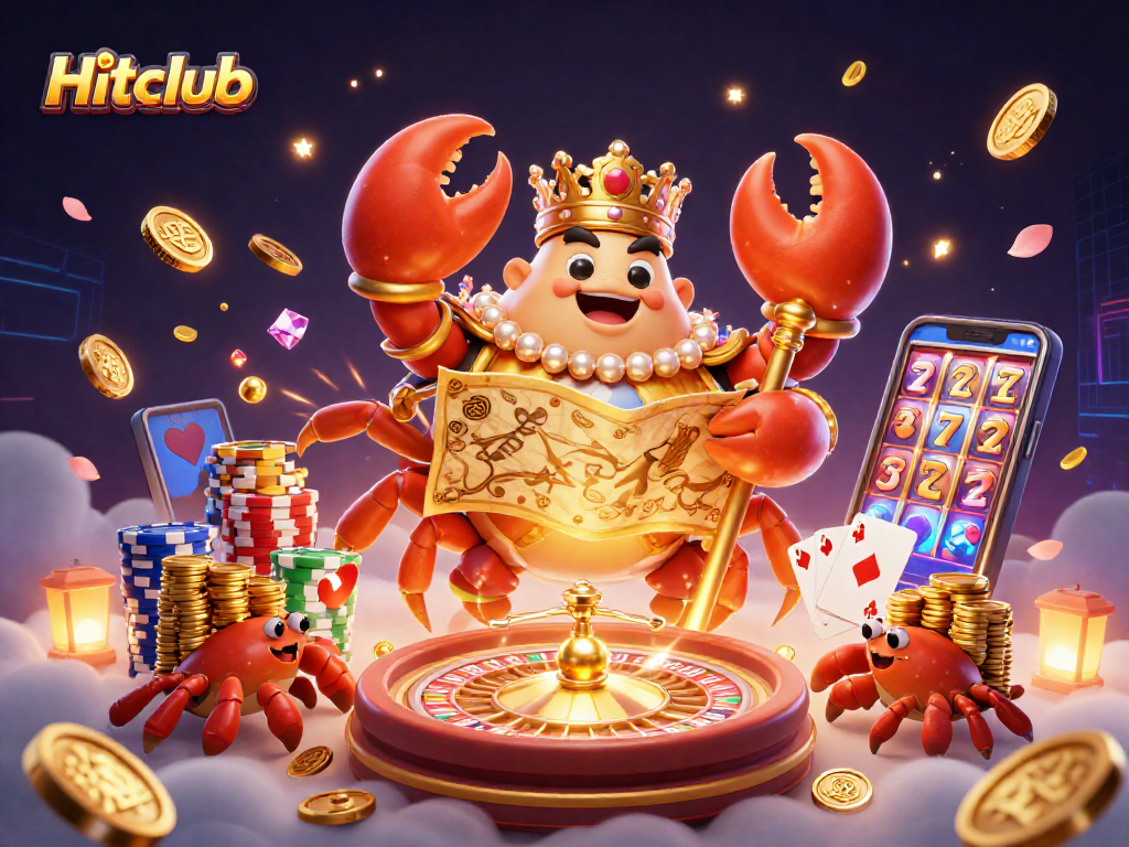 Hitclub's golden crab emperor oversees the dynamic casino realm filled with stacks of chips and games.