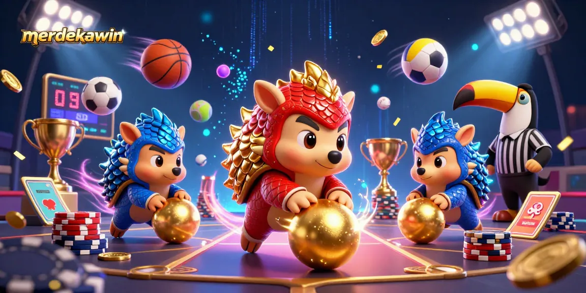 Gambarkan aksi merdekawin dengan pangolin berwarna merah dan biru yang bermain bola emas di atas tumpukan chip poker.