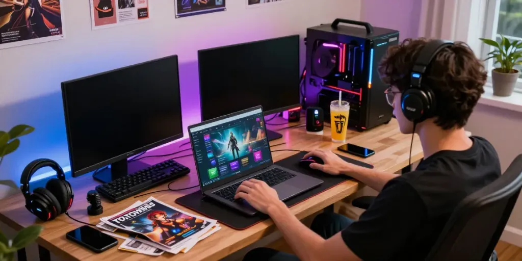Pengguna TOTOWIN88 bermain game online di ruang kerja yang nyaman dengan aksesori gaming.