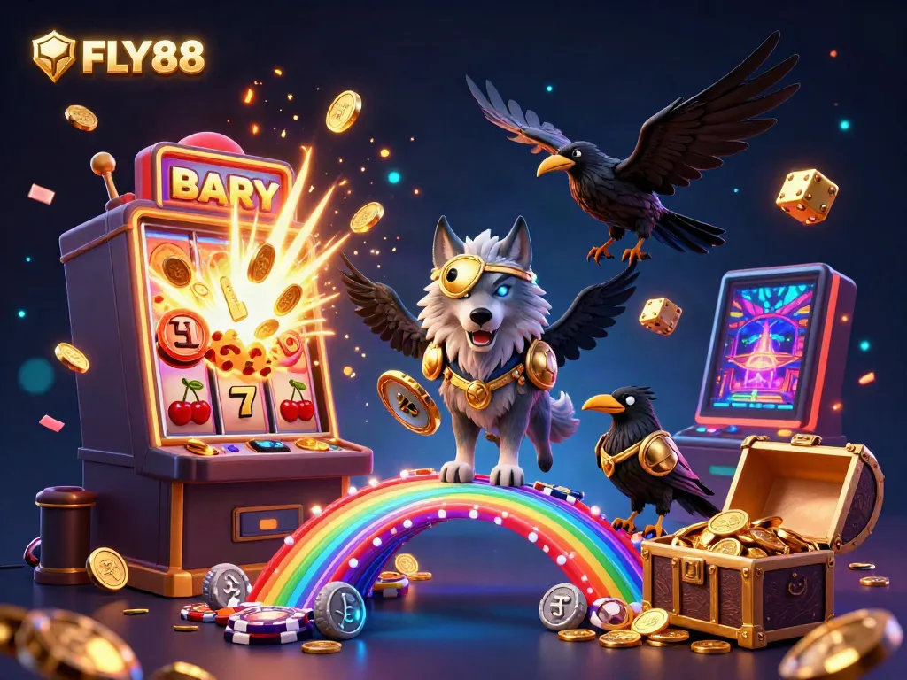 Experience FLY88 gaming excitement with an Odin wolf avatar and jackpot slot explosion.