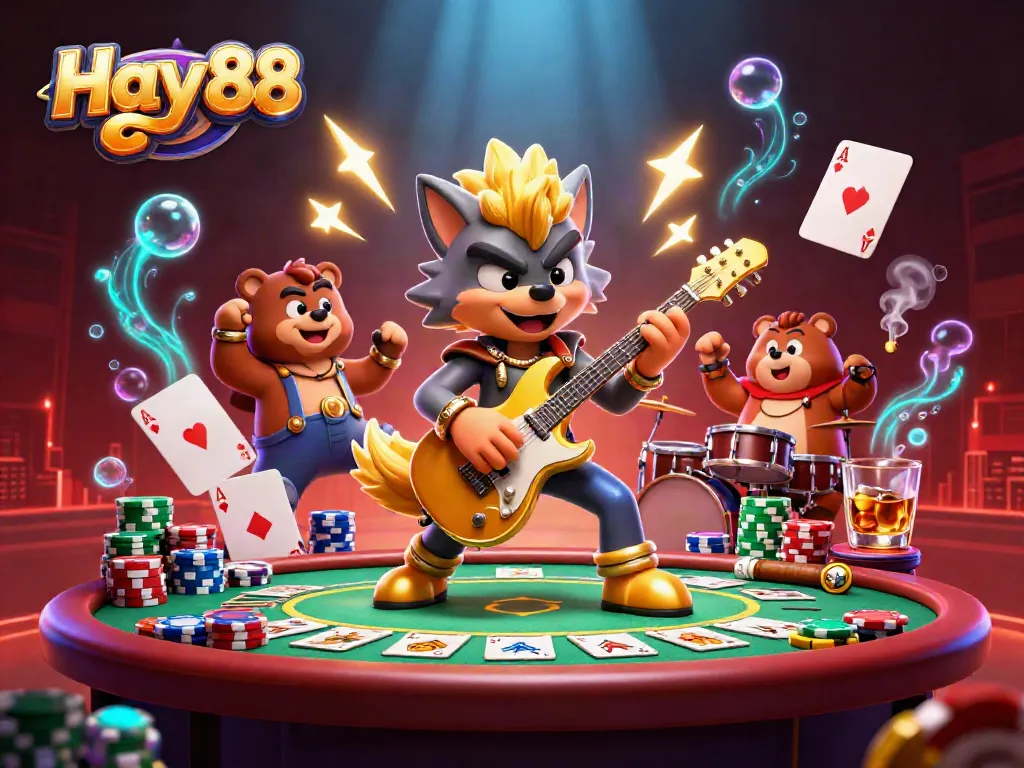 Experience the excitement of Hay 88 with a rock star wolf and bear drummer energizing the casino stage.