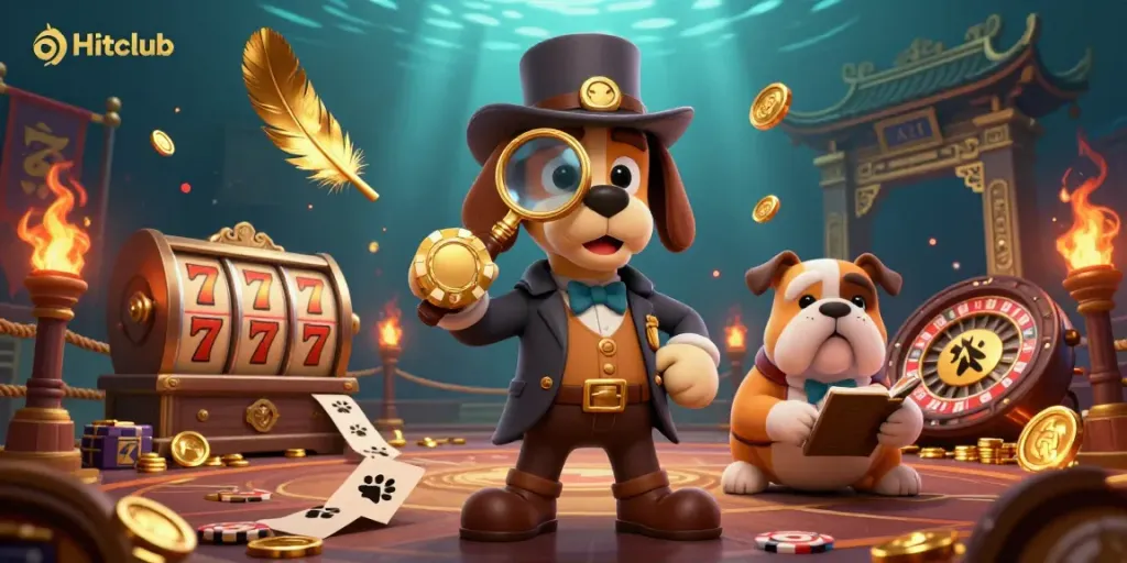 Join Hitclub's thrilling adventure with characters deciphering clues in an exciting casino environment.