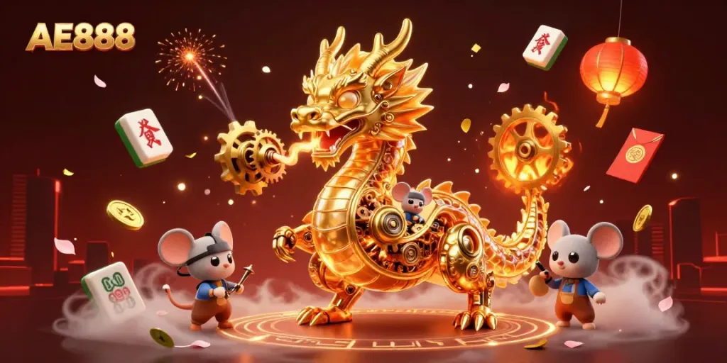 Experience the thrilling games and promotions at AE888 casino with this vibrant illustration.