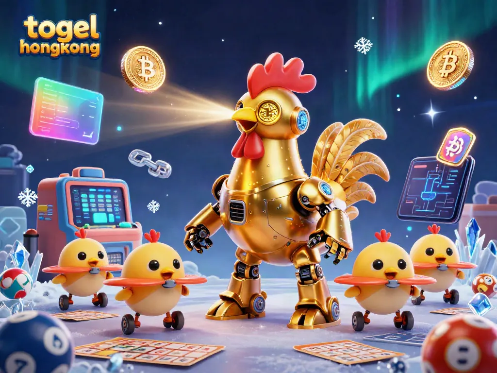 Melihat keluaran togel hongkong, robot ayam emas futuristik meluncurkan pola emas dengan drone bayi mengikuti di sekitar.