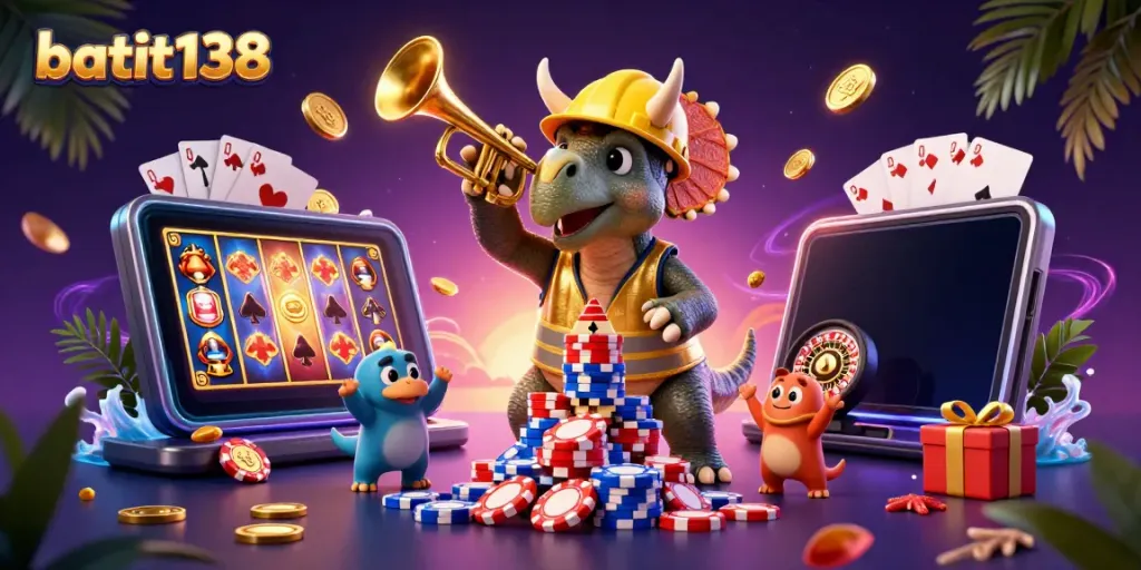 Gambaran batik138 yang menampilkan triceratops membangun tumpukan chip poker di lingkungan kasin.